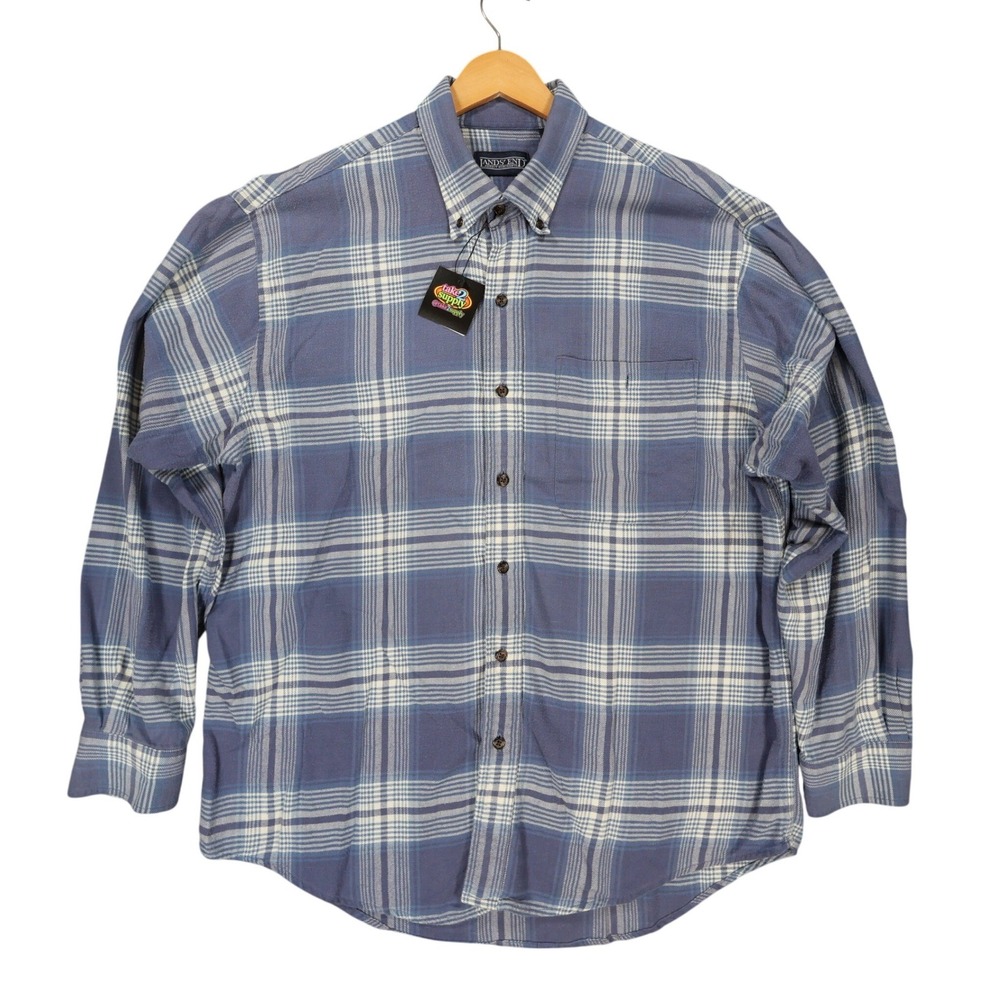 Lands‎ End Flannel Shirt Mens L Blue Excellent Plaid Button Down